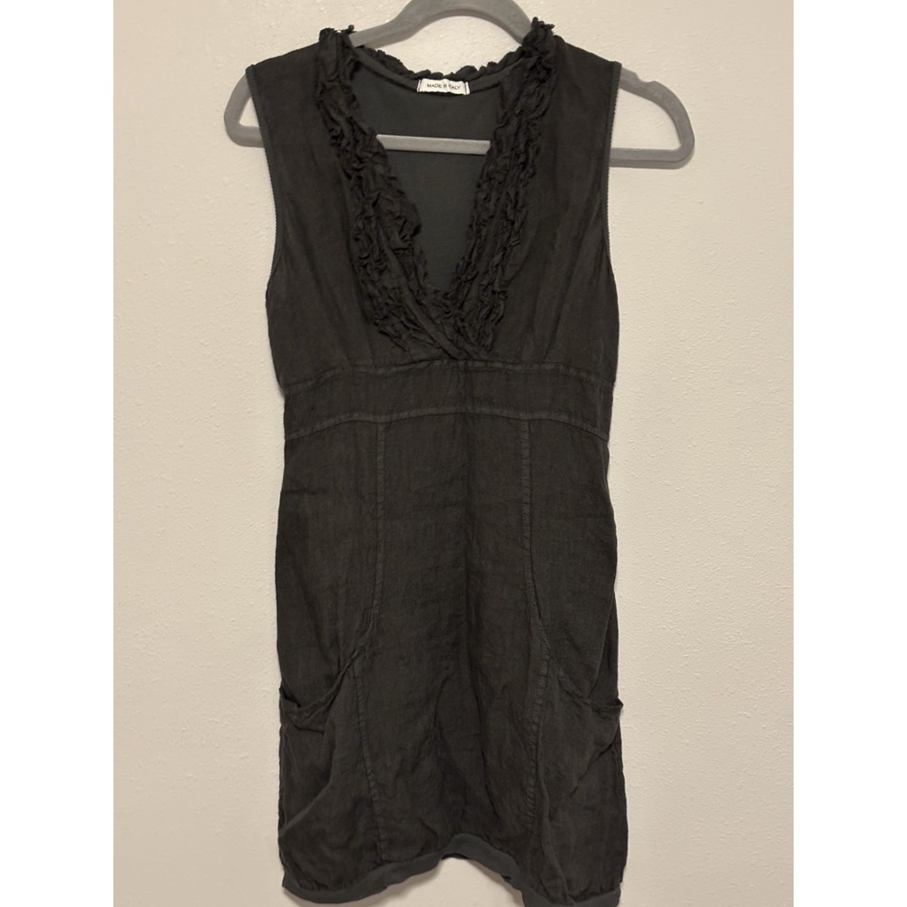 Made in Italy Midi Dress Women's Size L/XL Black Ruffle V-Neck Patch Pockets - Picture 2 of 7